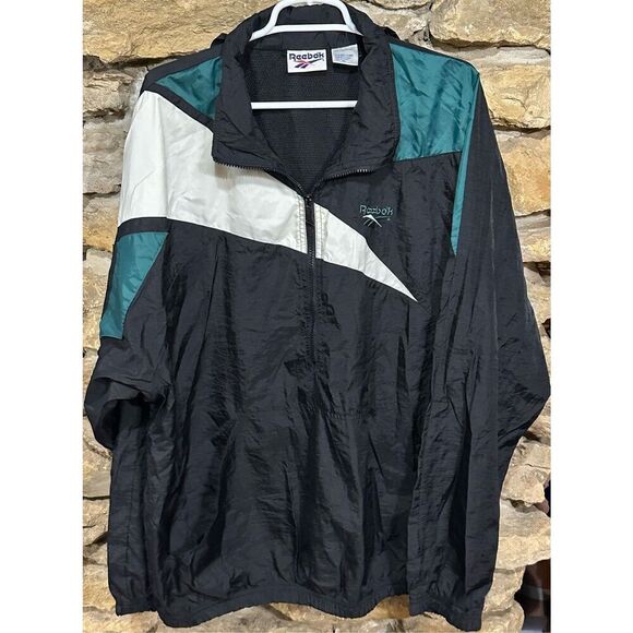 Vtg 90s Reebok Mens L Nylon Black Green Vented Windbreaker 1/2 Zip Pullover Hidd - Picture 1 of 7